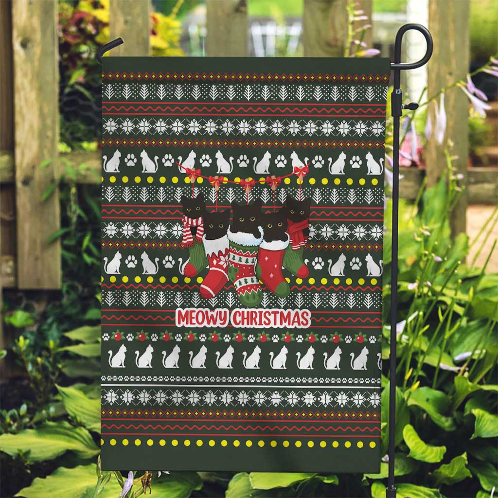 Black Cats in Stockings Garden Flag with Meowy Christmas Quote on Festive Pattern Design - Wonder Print Shop