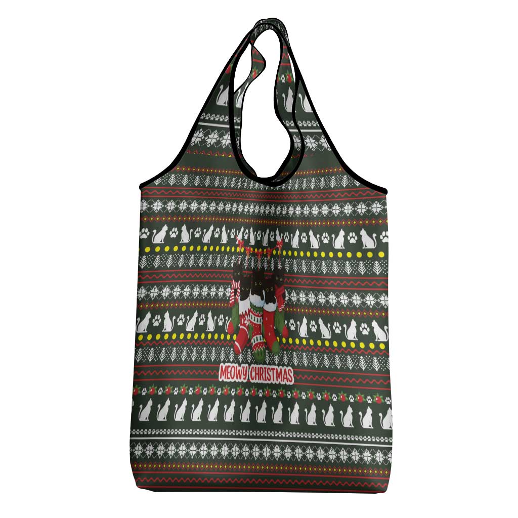 Black Cats in Stockings Grocery Bag with Meowy Christmas Quote on Festive Pattern Design - Wonder Print Shop