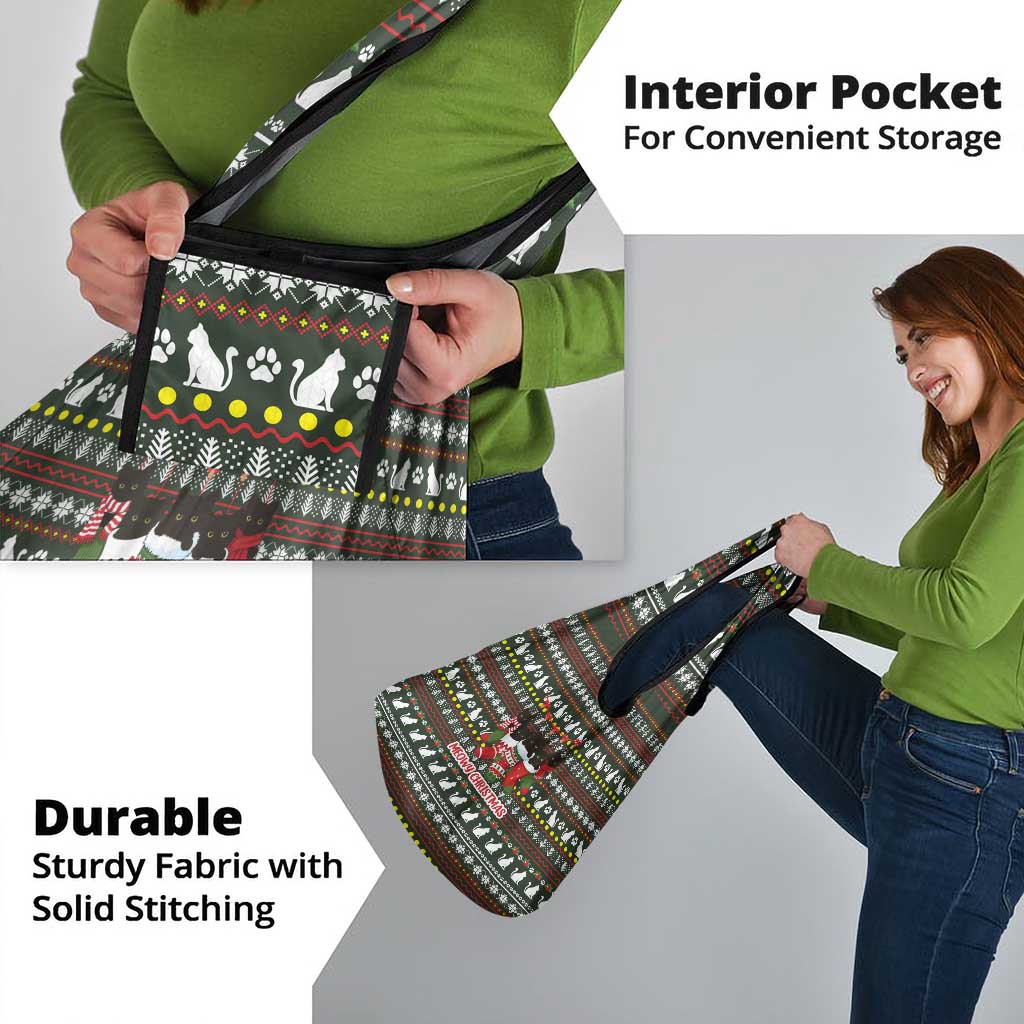 Black Cats in Stockings Grocery Bag with Meowy Christmas Quote on Festive Pattern Design - Wonder Print Shop