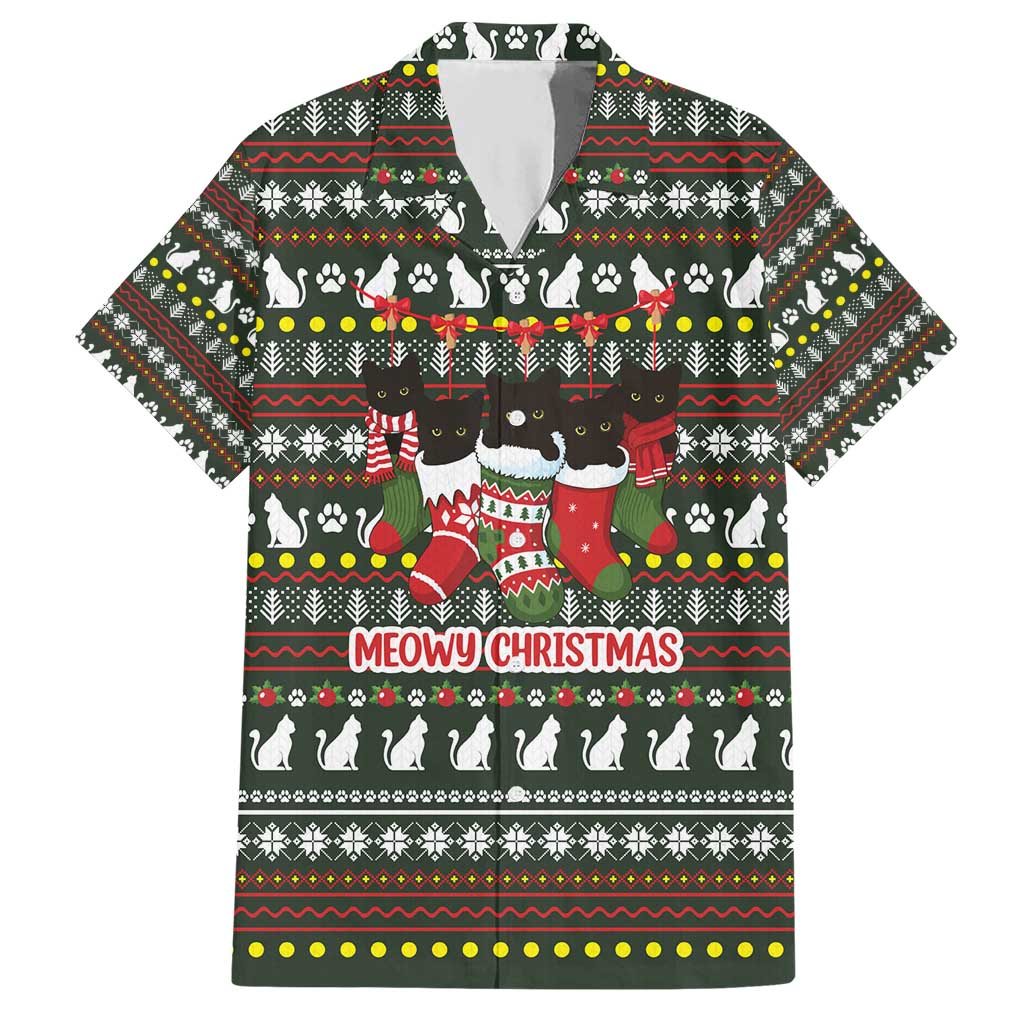 Black Cats in Stockings Hawaiian Shirt with Meowy Christmas Quote on Festive Pattern Design - Wonder Print Shop