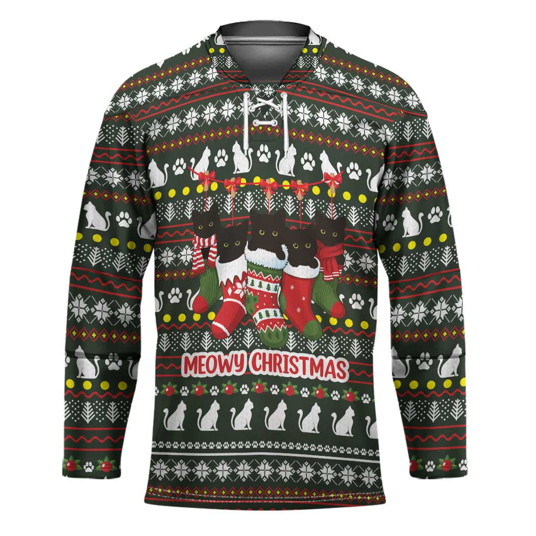 Black Cats in Stockings Hockey Jersey with Meowy Christmas Quote on Festive Pattern Design - Wonder Print Shop