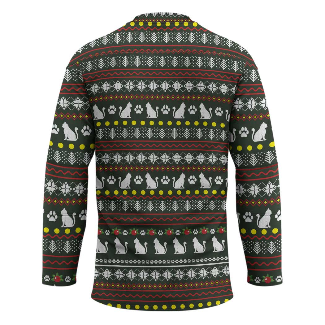 Black Cats in Stockings Hockey Jersey with Meowy Christmas Quote on Festive Pattern Design - Wonder Print Shop