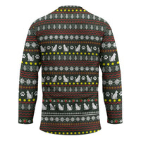 Black Cats in Stockings Hockey Jersey with Meowy Christmas Quote on Festive Pattern Design - Wonder Print Shop