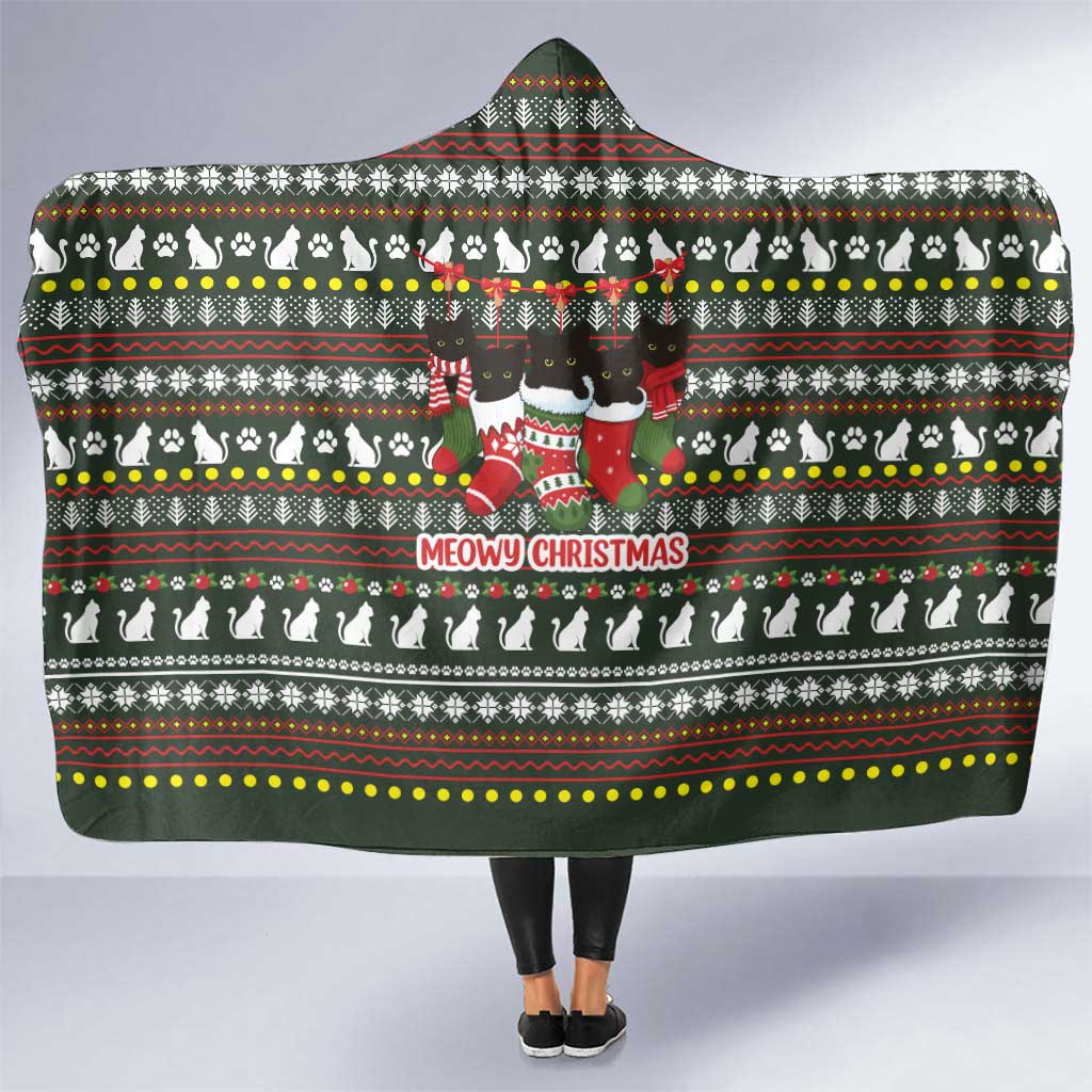 Black Cats in Stockings Hooded Blanket with Meowy Christmas Quote on Festive Pattern Design - Wonder Print Shop