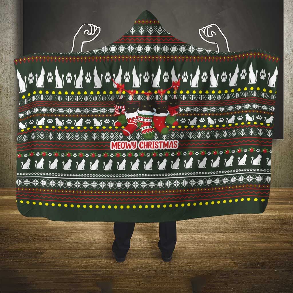 Black Cats in Stockings Hooded Blanket with Meowy Christmas Quote on Festive Pattern Design - Wonder Print Shop