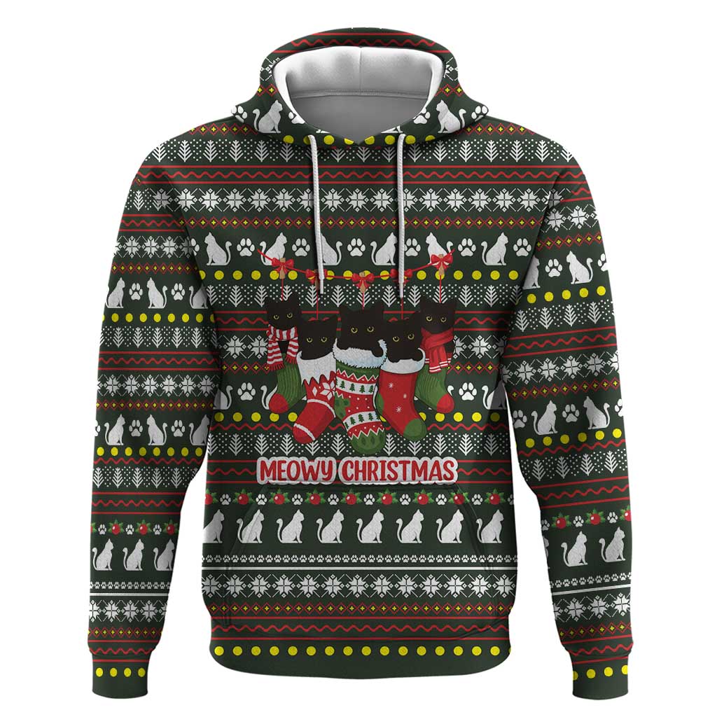 Black Cats in Stockings Hoodie with Meowy Christmas Quote on Festive Pattern Design - Wonder Print Shop