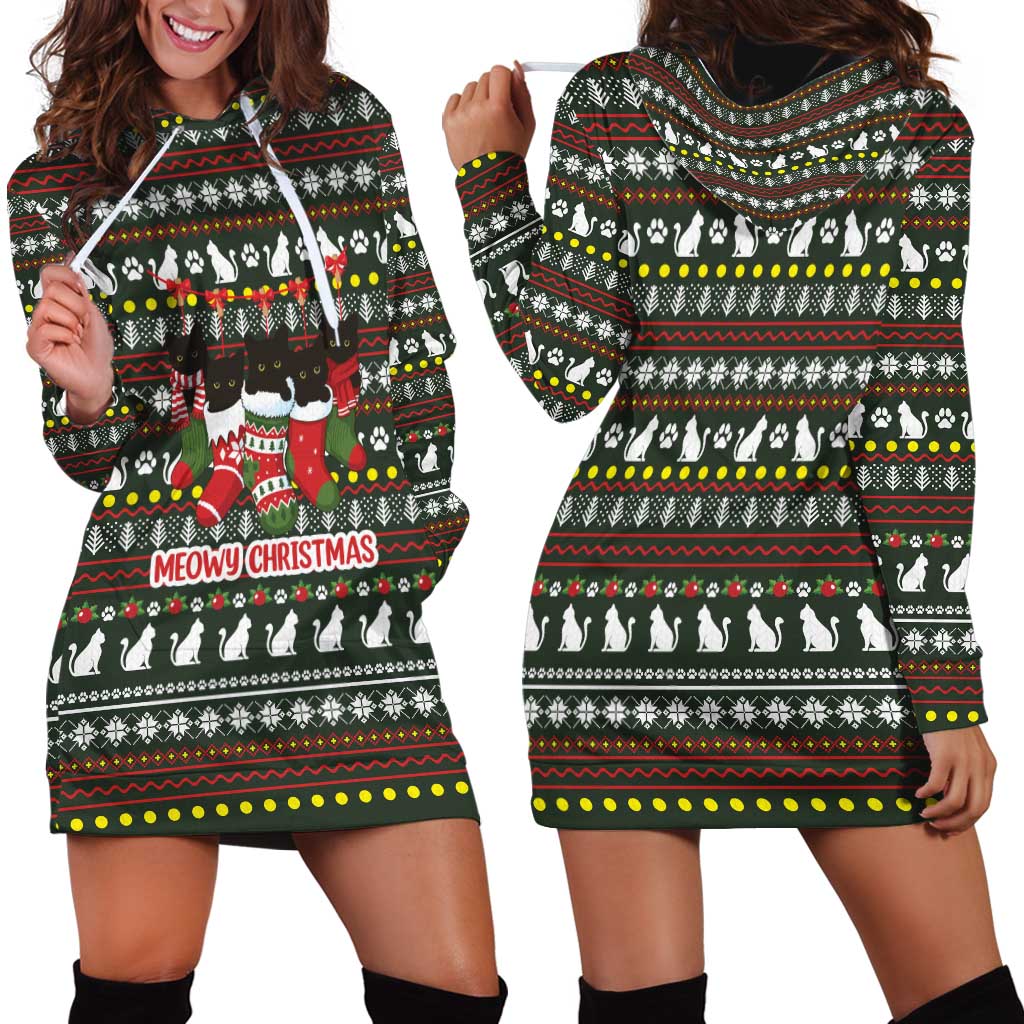 Black Cats in Stockings Hoodie Dress with Meowy Christmas Quote on Festive Pattern Design - Wonder Print Shop