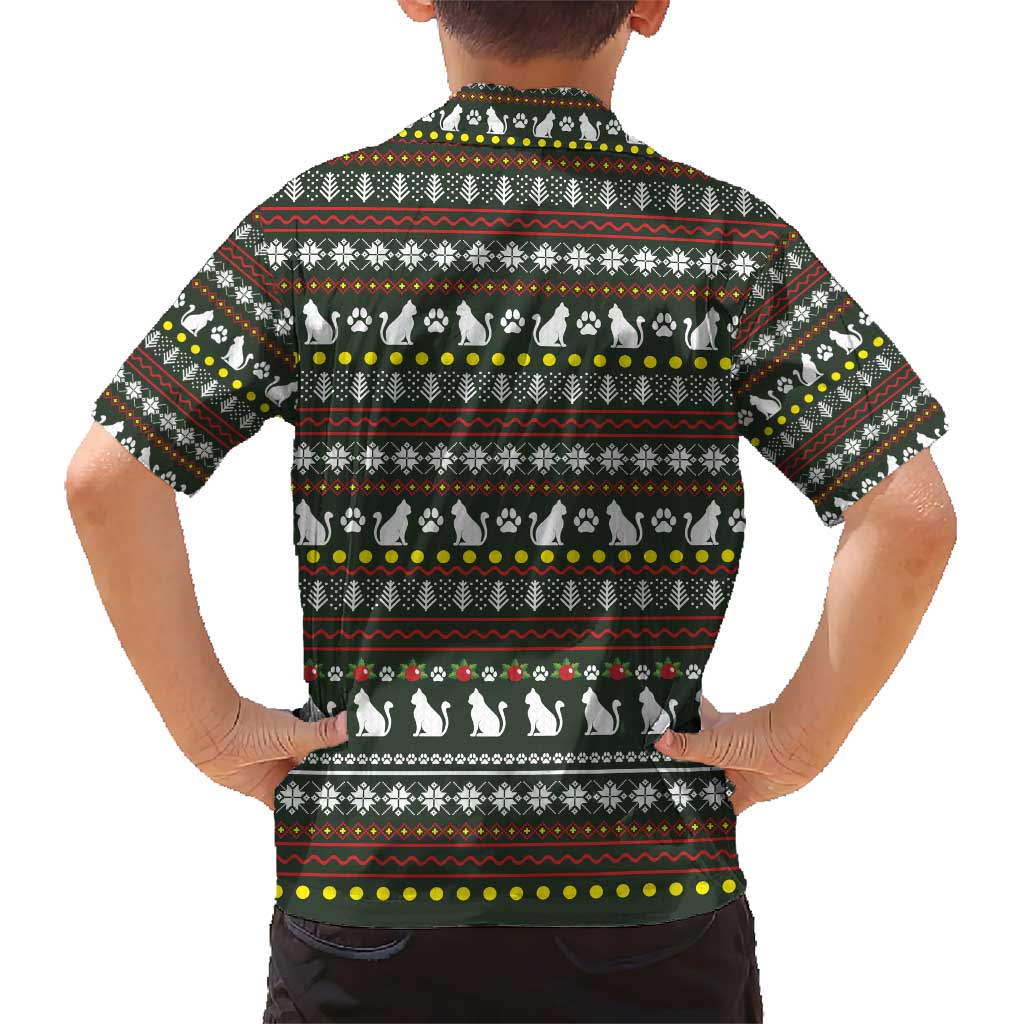Black Cats in Stockings Kid Hawaiian Shirt with Meowy Christmas Quote on Festive Pattern Design - Wonder Print Shop