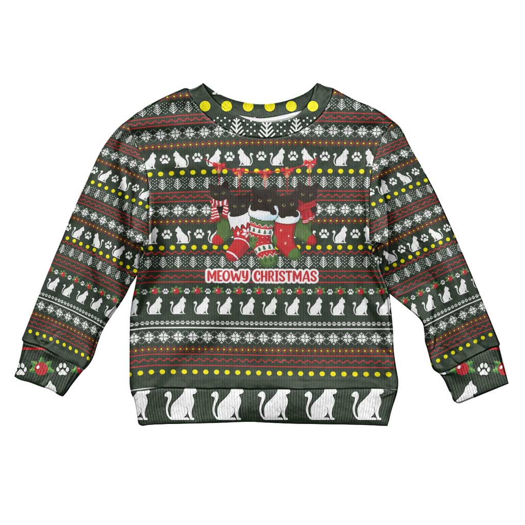 Black Cats in Stockings Kid Ugly Christmas Sweater with Meowy Christmas Quote on Festive Pattern Design - Wonder Print Shop