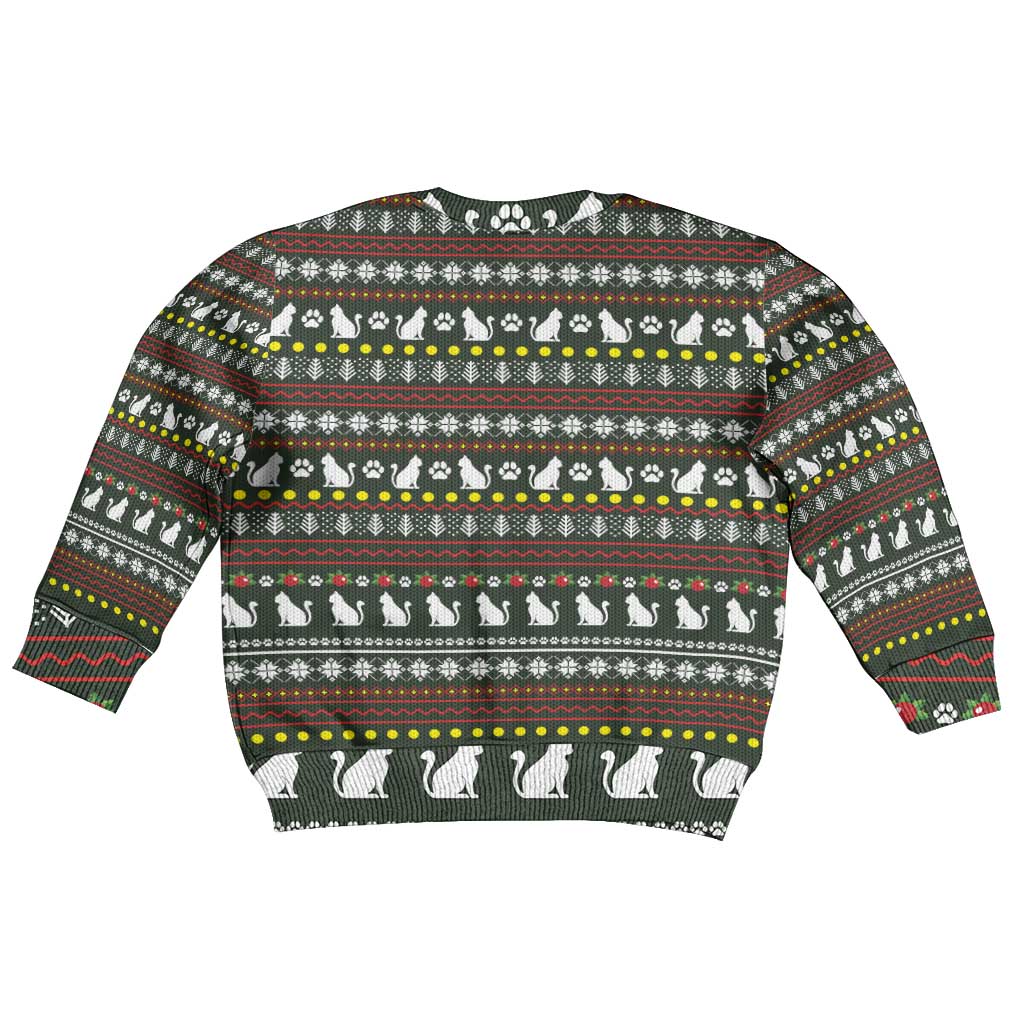Black Cats in Stockings Kid Ugly Christmas Sweater with Meowy Christmas Quote on Festive Pattern Design - Wonder Print Shop