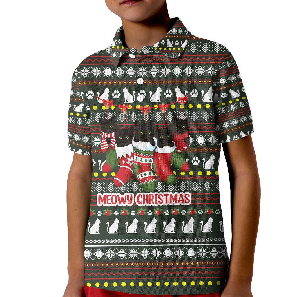 Black Cats in Stockings Kid Polo Shirt with Meowy Christmas Quote on Festive Pattern Design - Wonder Print Shop