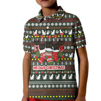 Black Cats in Stockings Kid Polo Shirt with Meowy Christmas Quote on Festive Pattern Design - Wonder Print Shop