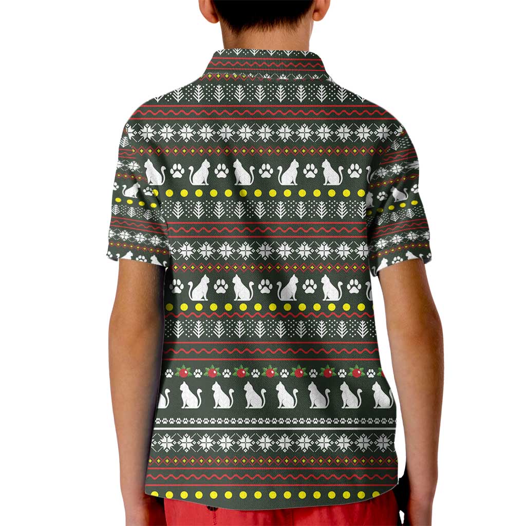 Black Cats in Stockings Kid Polo Shirt with Meowy Christmas Quote on Festive Pattern Design - Wonder Print Shop