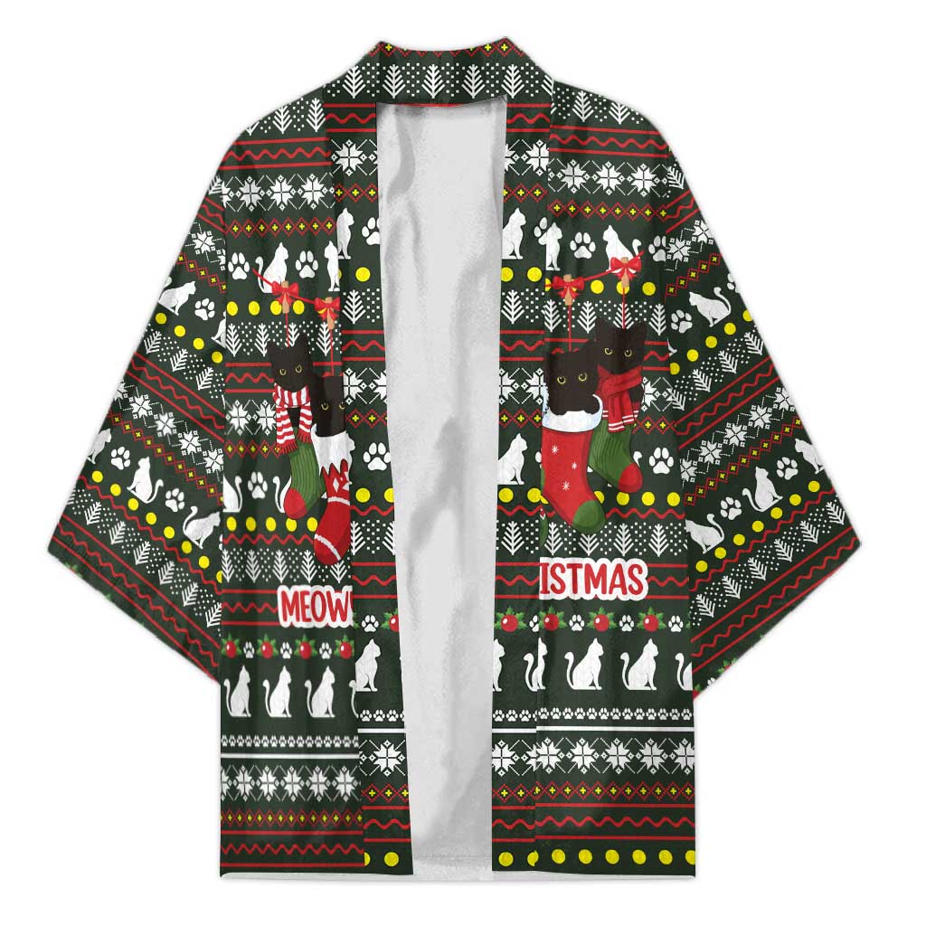 Black Cats in Stockings Kimono with Meowy Christmas Quote on Festive Pattern Design - Wonder Print Shop