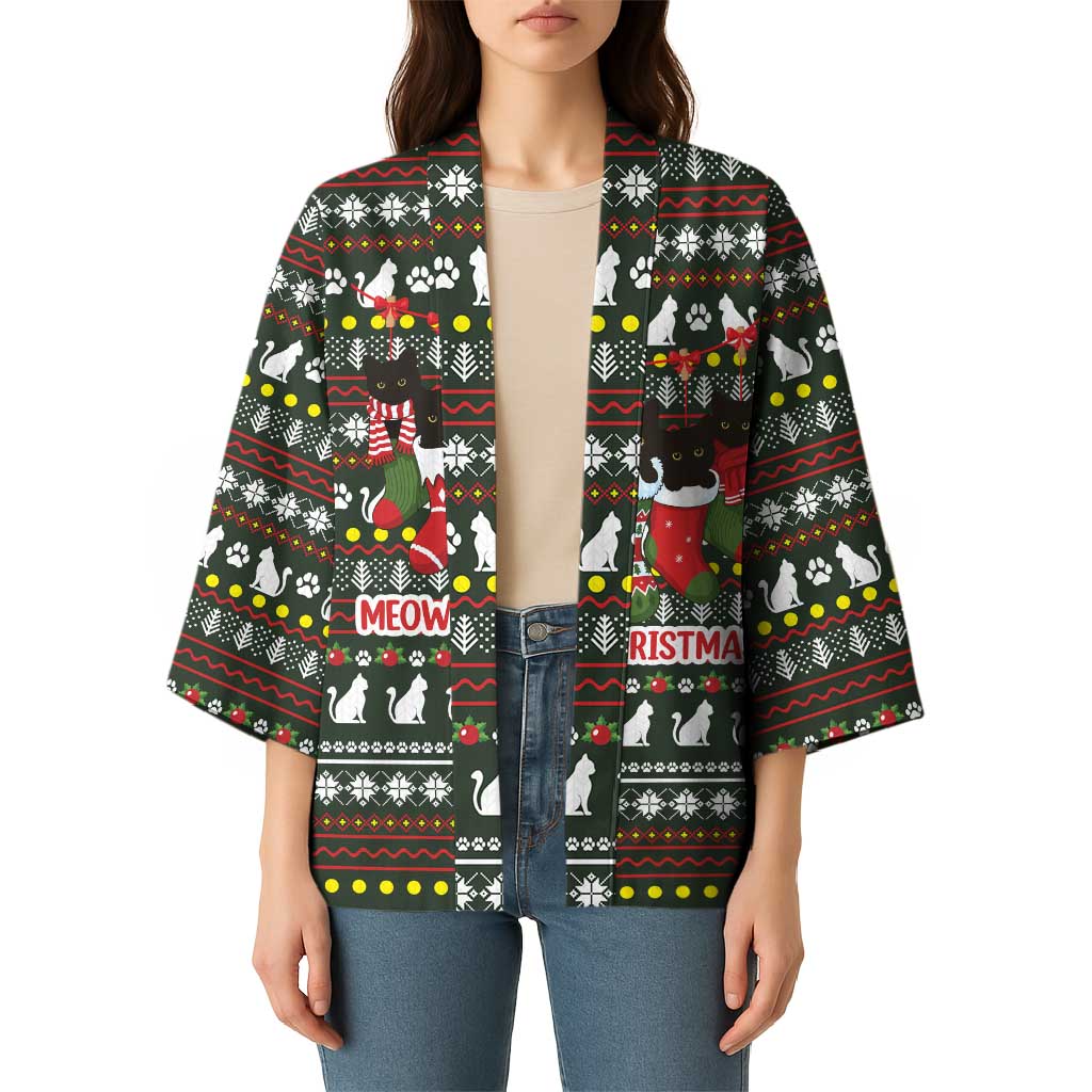 Black Cats in Stockings Kimono with Meowy Christmas Quote on Festive Pattern Design - Wonder Print Shop