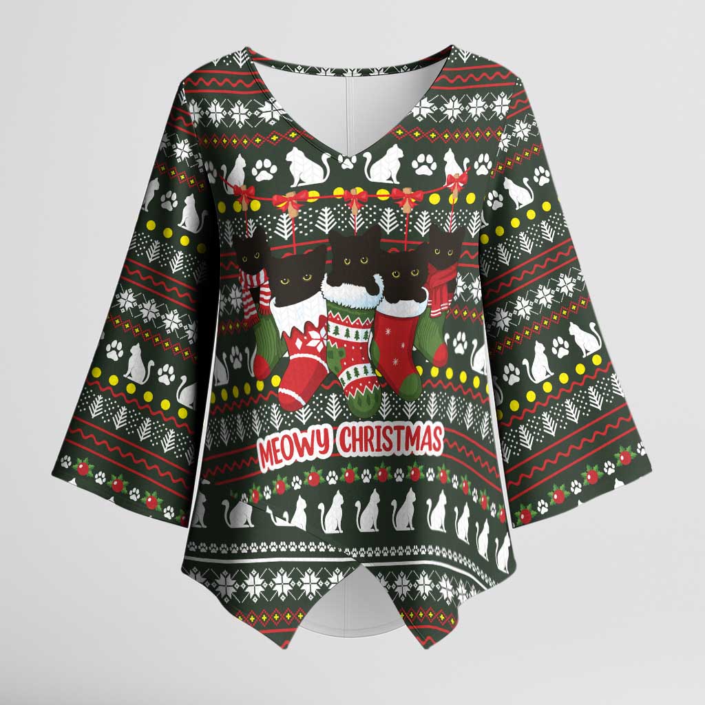 Black Cats in Stockings Kimono Sleeve Blouse with Meowy Christmas Quote on Festive Pattern Design - Wonder Print Shop
