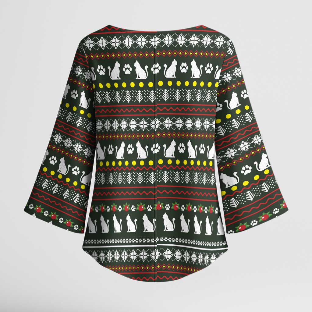 Black Cats in Stockings Kimono Sleeve Blouse with Meowy Christmas Quote on Festive Pattern Design - Wonder Print Shop