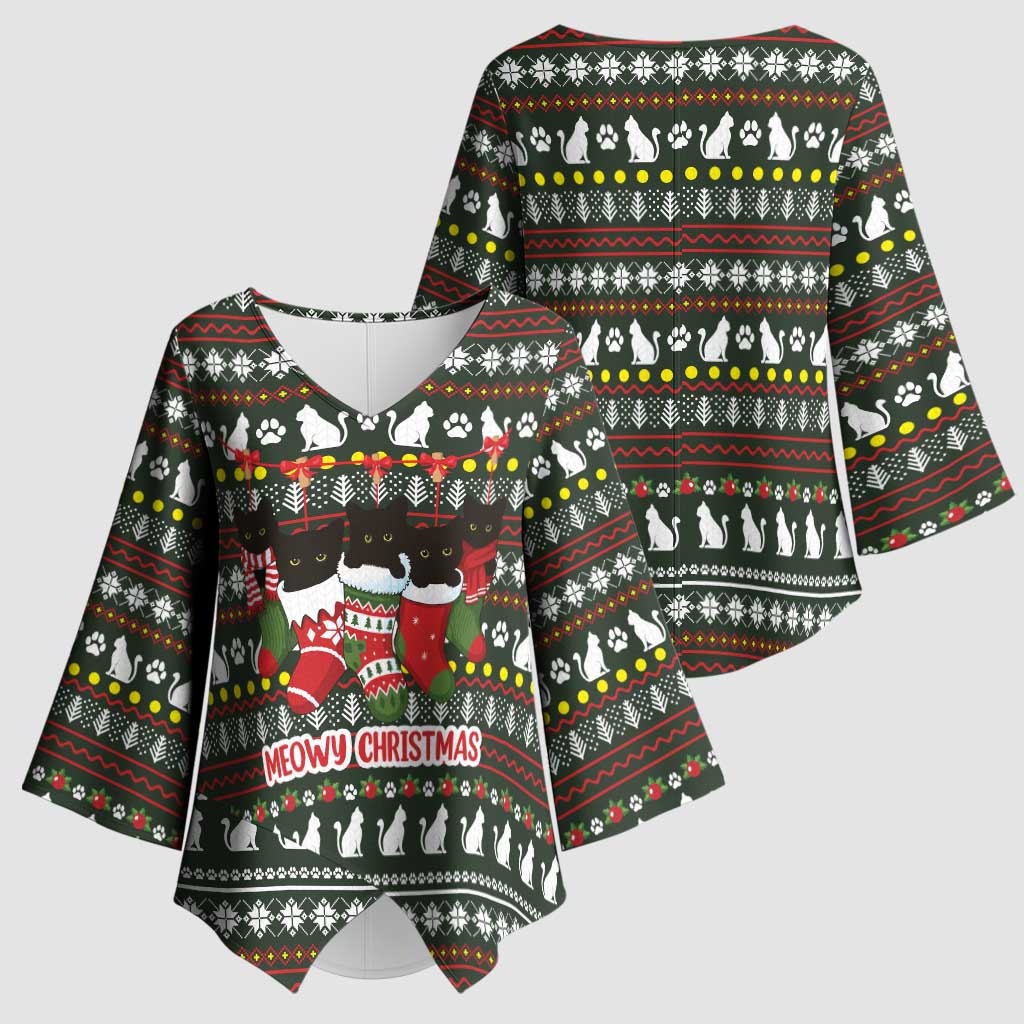 Black Cats in Stockings Kimono Sleeve Blouse with Meowy Christmas Quote on Festive Pattern Design - Wonder Print Shop