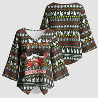 Black Cats in Stockings Kimono Sleeve Blouse with Meowy Christmas Quote on Festive Pattern Design - Wonder Print Shop