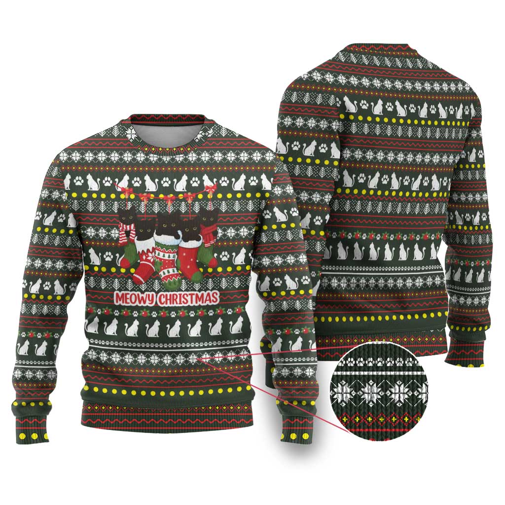 Black Cats in Stockings Ugly Christmas Sweater with Meowy Christmas Quote on Festive Pattern Design - Wonder Print Shop