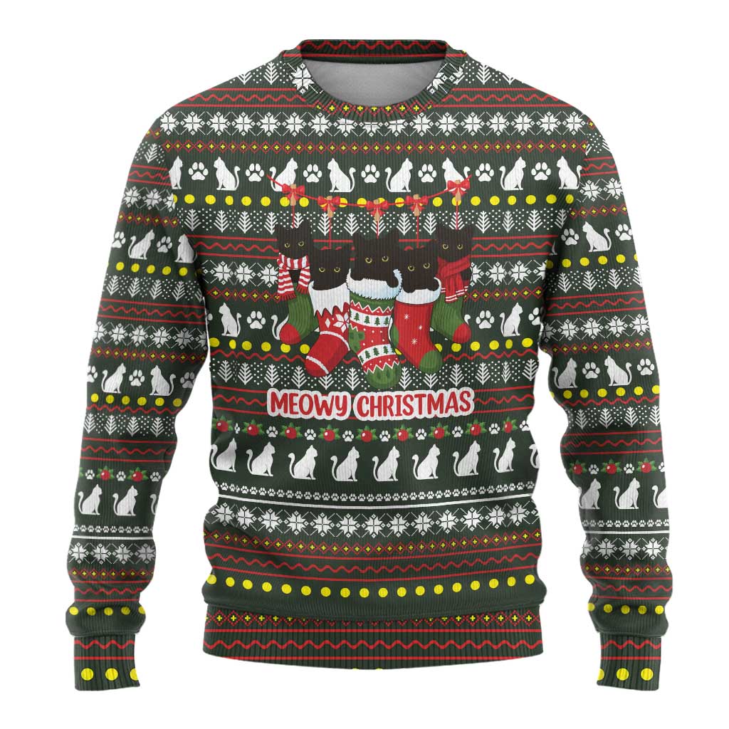 Black Cats in Stockings Ugly Christmas Sweater with Meowy Christmas Quote on Festive Pattern Design - Wonder Print Shop