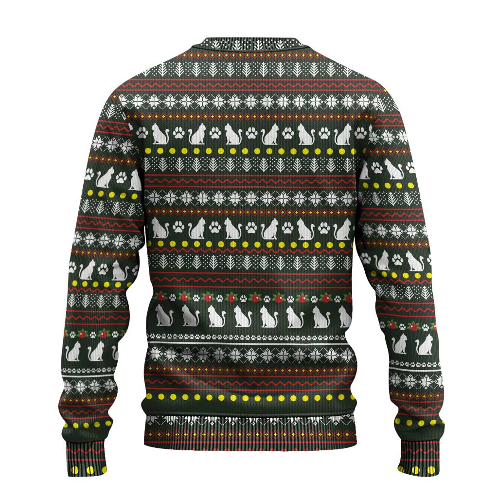 Black Cats in Stockings Ugly Christmas Sweater with Meowy Christmas Quote on Festive Pattern Design - Wonder Print Shop
