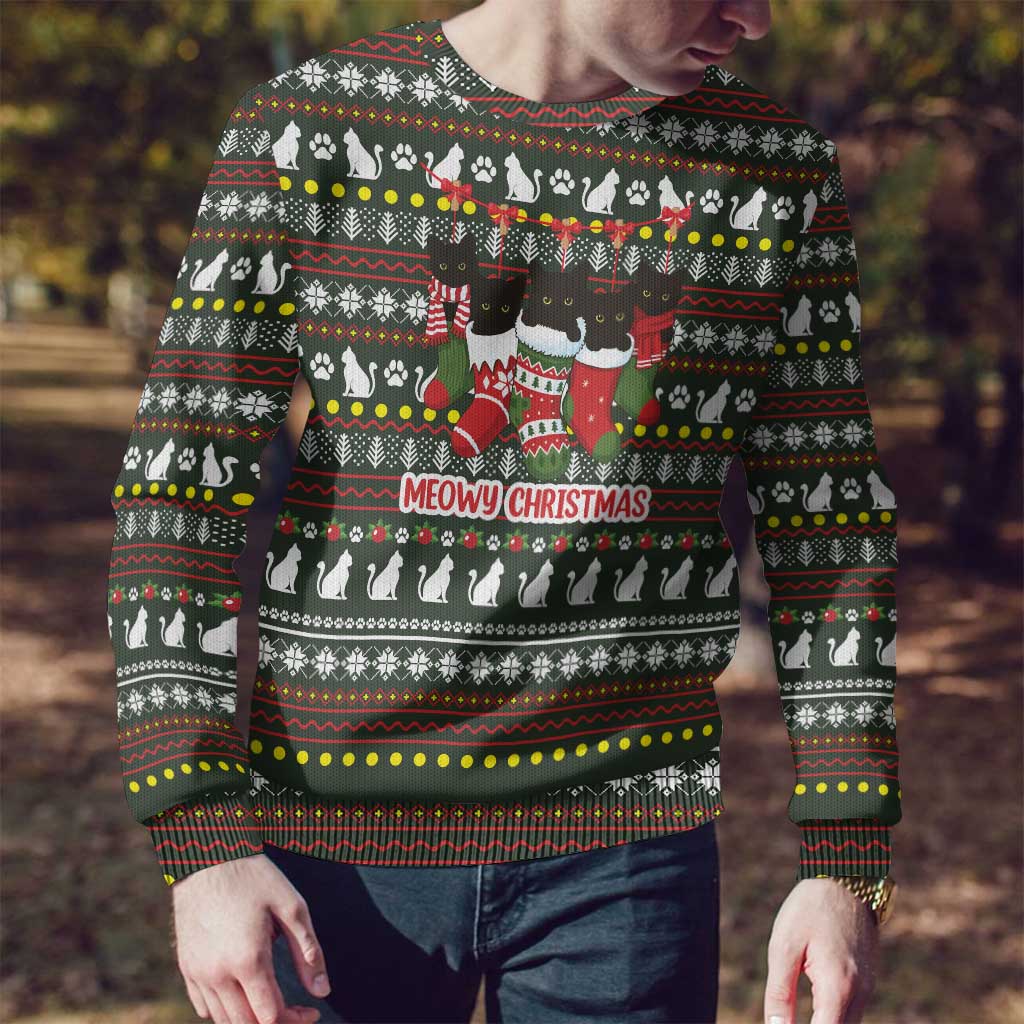 Black Cats in Stockings Ugly Christmas Sweater with Meowy Christmas Quote on Festive Pattern Design - Wonder Print Shop