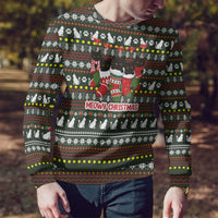 Black Cats in Stockings Ugly Christmas Sweater with Meowy Christmas Quote on Festive Pattern Design - Wonder Print Shop