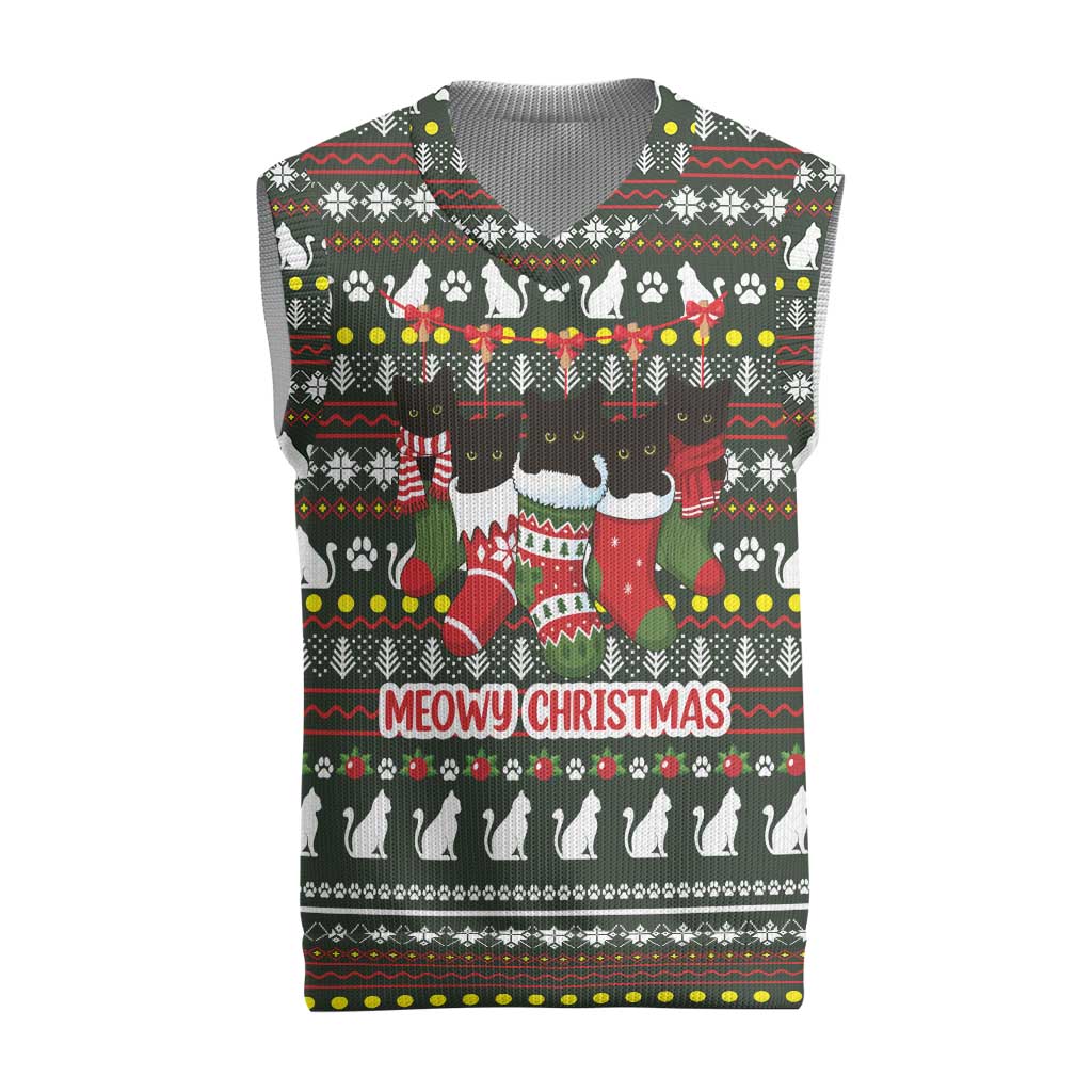 Black Cats in Stockings Christmas Knitted V-Neck Vest with Meowy Christmas Quote on Festive Pattern Design - Wonder Print Shop