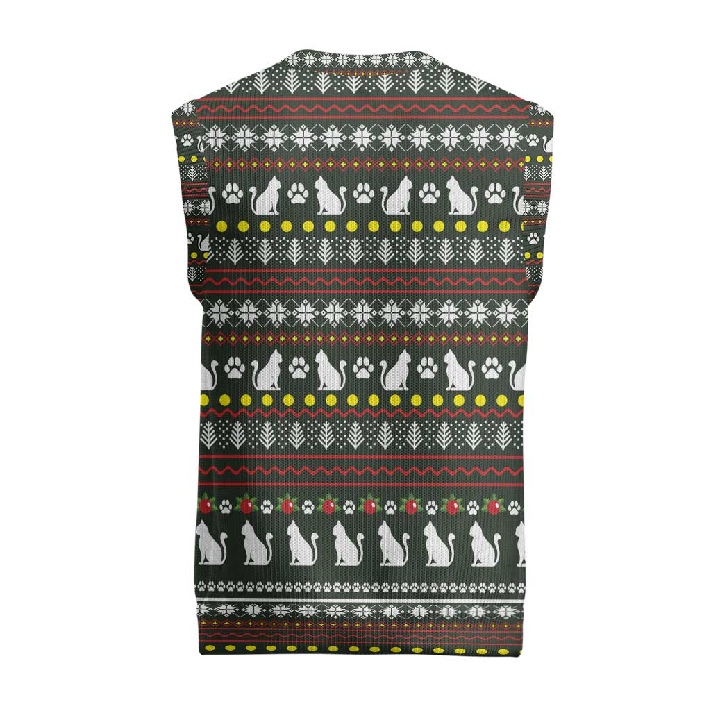 Black Cats in Stockings Christmas Knitted V-Neck Vest with Meowy Christmas Quote on Festive Pattern Design - Wonder Print Shop