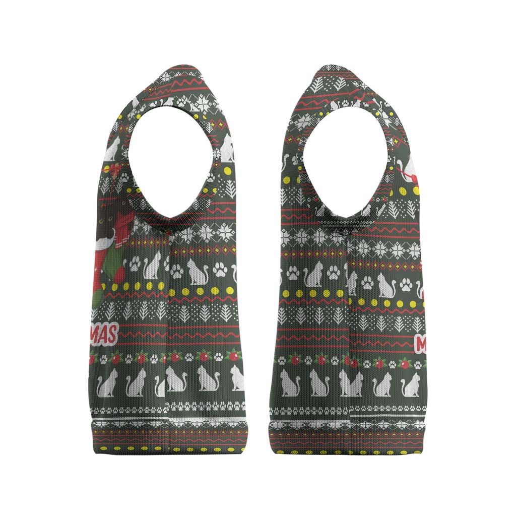 Black Cats in Stockings Christmas Knitted V-Neck Vest with Meowy Christmas Quote on Festive Pattern Design - Wonder Print Shop