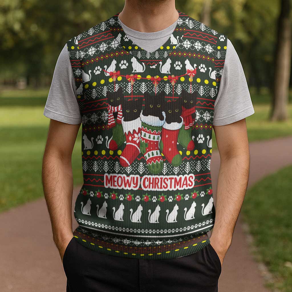 Black Cats in Stockings Christmas Knitted V-Neck Vest with Meowy Christmas Quote on Festive Pattern Design - Wonder Print Shop