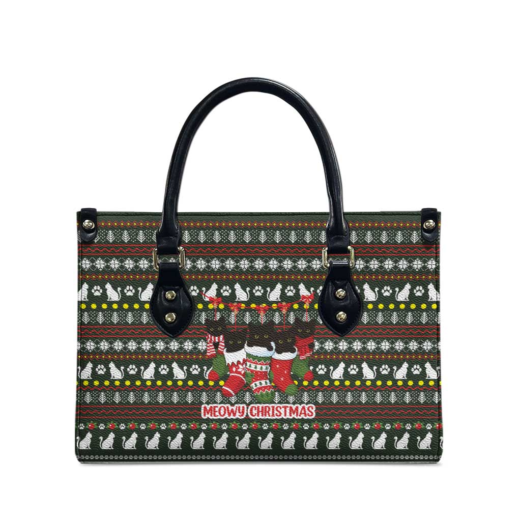 Black Cats in Stockings Leather Bag with Meowy Christmas Quote on Festive Pattern Design - Wonder Print Shop