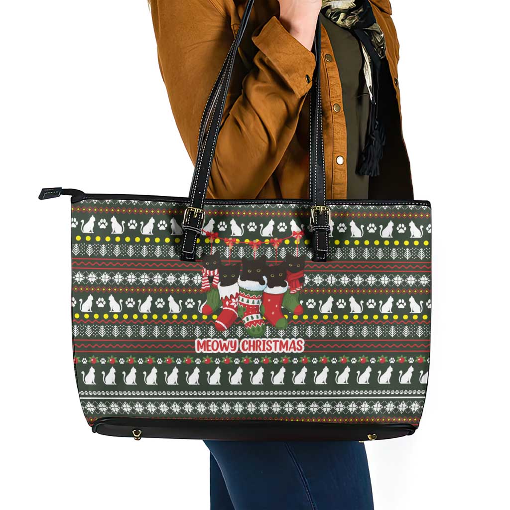 Black Cats in Stockings Leather Tote Bag with Meowy Christmas Quote on Festive Pattern Design - Wonder Print Shop