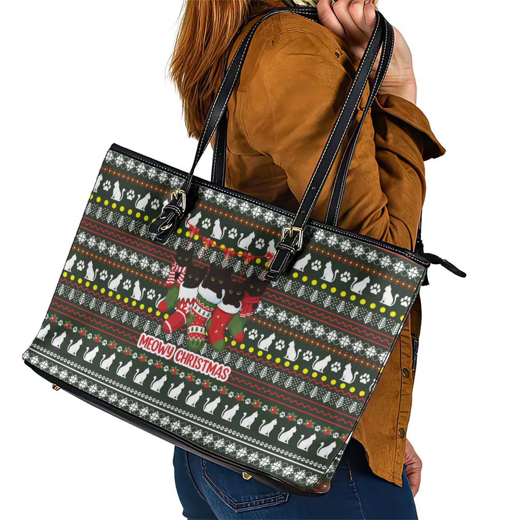 Black Cats in Stockings Leather Tote Bag with Meowy Christmas Quote on Festive Pattern Design - Wonder Print Shop