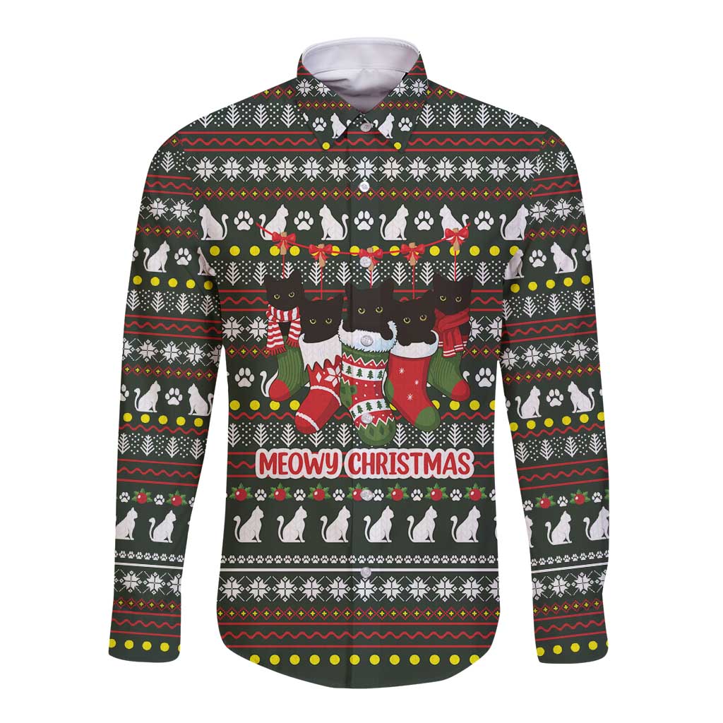 Black Cats in Stockings Long Sleeve Button Shirt with Meowy Christmas Quote on Festive Pattern Design - Wonder Print Shop