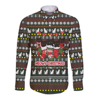 Black Cats in Stockings Long Sleeve Button Shirt with Meowy Christmas Quote on Festive Pattern Design - Wonder Print Shop
