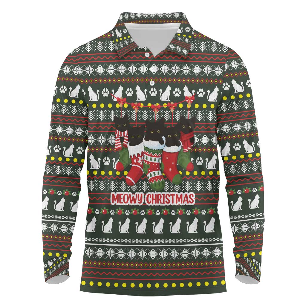 Black Cats in Stockings Long Sleeve Polo Shirt with Meowy Christmas Quote on Festive Pattern Design - Wonder Print Shop