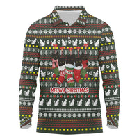Black Cats in Stockings Long Sleeve Polo Shirt with Meowy Christmas Quote on Festive Pattern Design - Wonder Print Shop