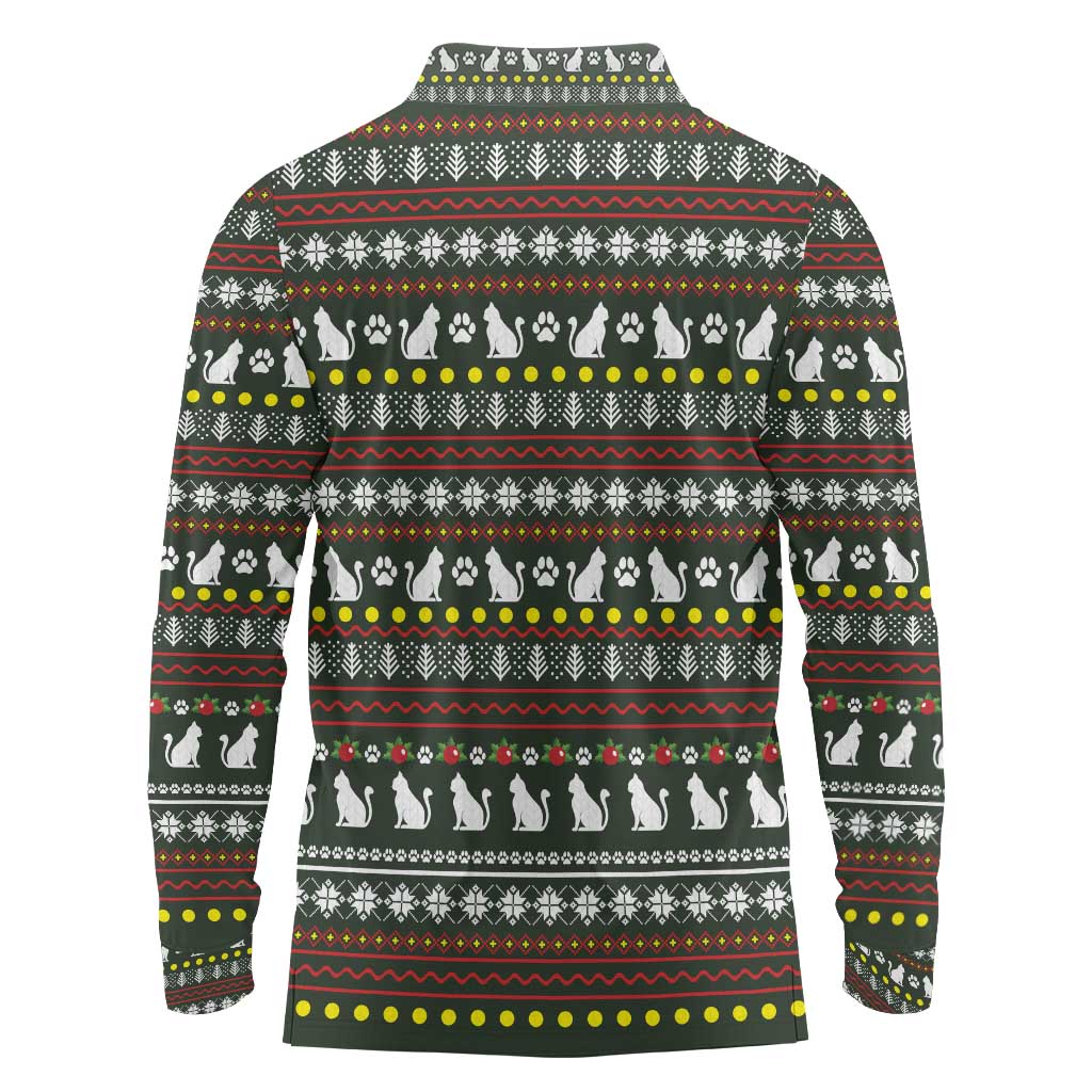 Black Cats in Stockings Long Sleeve Polo Shirt with Meowy Christmas Quote on Festive Pattern Design - Wonder Print Shop