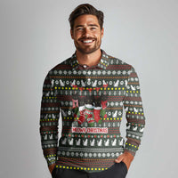 Black Cats in Stockings Long Sleeve Polo Shirt with Meowy Christmas Quote on Festive Pattern Design - Wonder Print Shop