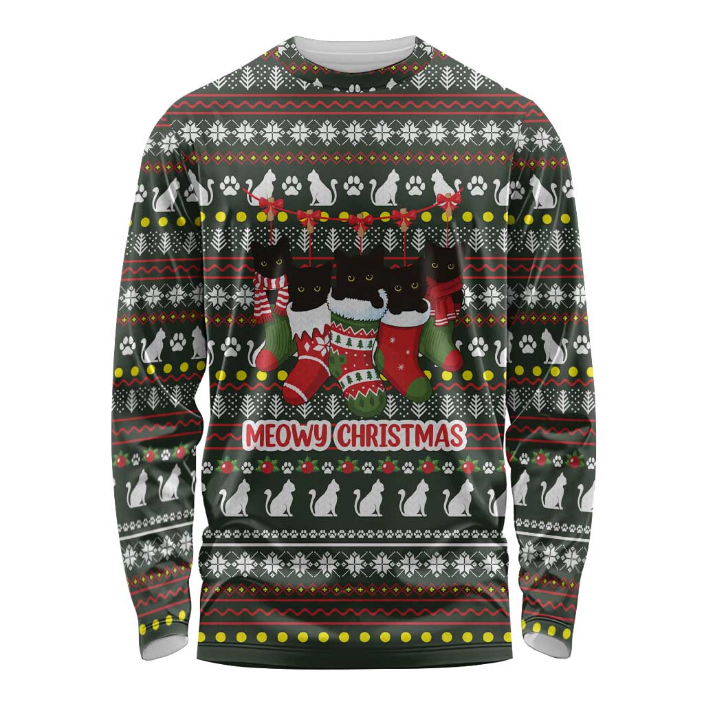 Black Cats in Stockings Long Sleeve Shirt with Meowy Christmas Quote on Festive Pattern Design - Wonder Print Shop