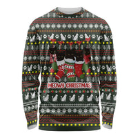 Black Cats in Stockings Long Sleeve Shirt with Meowy Christmas Quote on Festive Pattern Design - Wonder Print Shop