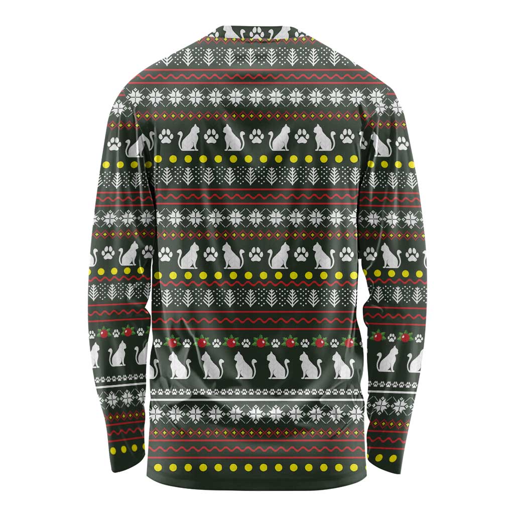 Black Cats in Stockings Long Sleeve Shirt with Meowy Christmas Quote on Festive Pattern Design - Wonder Print Shop