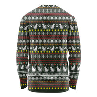 Black Cats in Stockings Long Sleeve Shirt with Meowy Christmas Quote on Festive Pattern Design - Wonder Print Shop