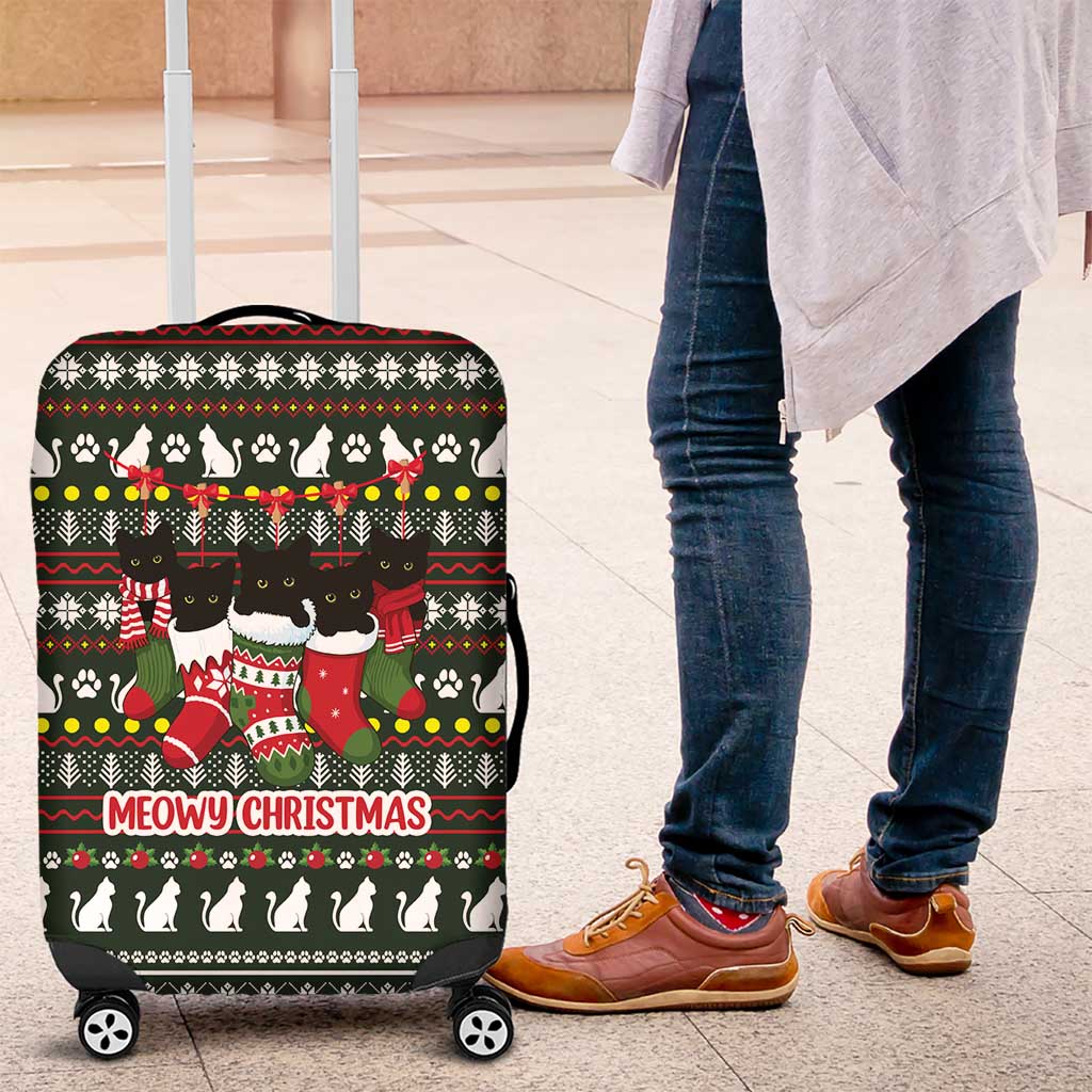 Black Cats in Stockings Luggage Cover with Meowy Christmas Quote on Festive Pattern Design - Wonder Print Shop