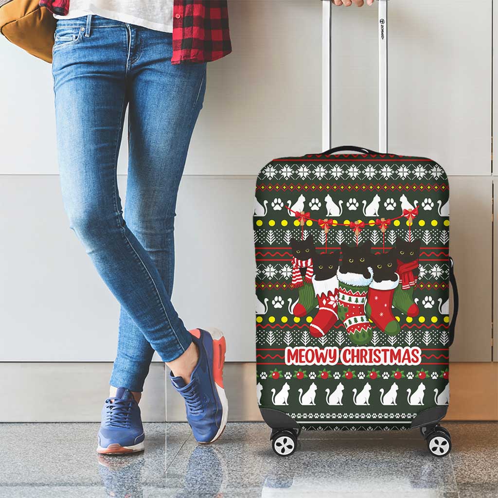 Black Cats in Stockings Luggage Cover with Meowy Christmas Quote on Festive Pattern Design - Wonder Print Shop