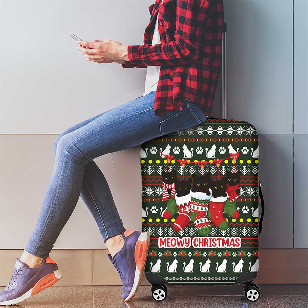 Black Cats in Stockings Luggage Cover with Meowy Christmas Quote on Festive Pattern Design - Wonder Print Shop
