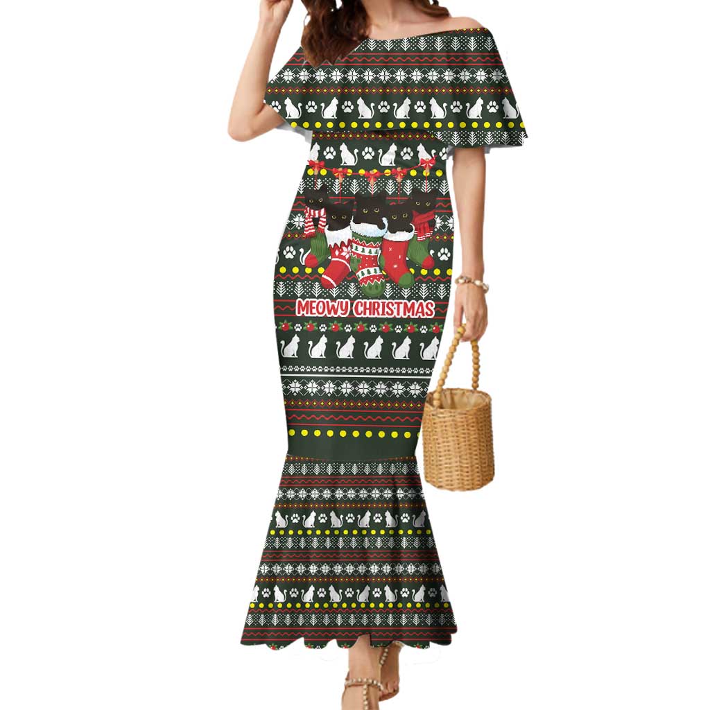 Black Cats in Stockings Mermaid Dress with Meowy Christmas Quote on Festive Pattern Design - Wonder Print Shop