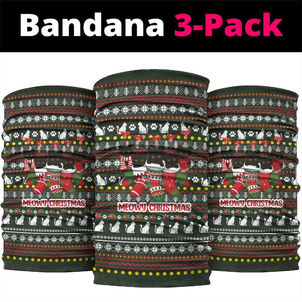 Black Cats in Stockings Neck Gaiter with Meowy Christmas Quote on Festive Pattern Design - Wonder Print Shop